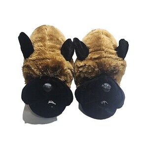 Boxer Dog Face Bootie Slippers Faux Fur Plush Men’s US 13-14 Adult Funny Cozy